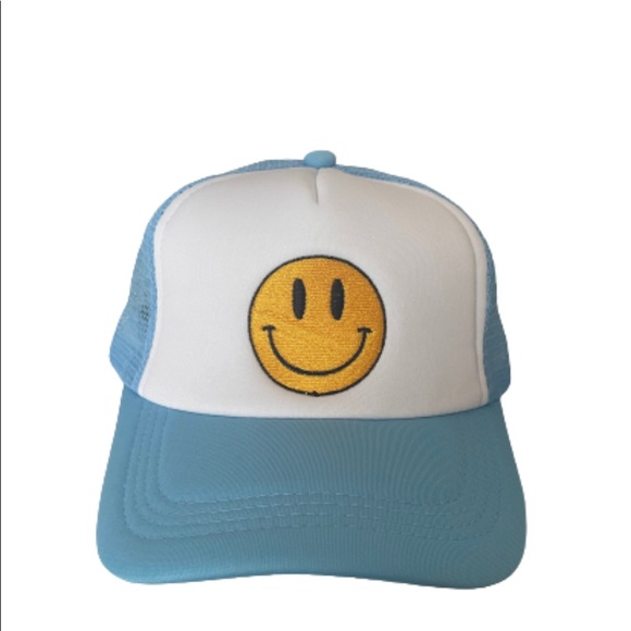 NEW SMILEY FACE TRUCKER HAT LIGHT BLUE AND WHITE - Picture 3 of 4